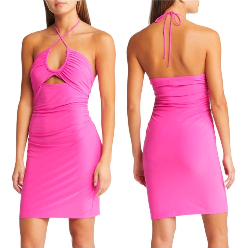 Open Edit Ruched Halter Neck Mini Dress with Cut Out Fitted Sexy Hot Pink NWT S
